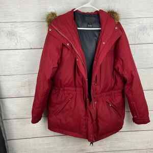 Ralph Lauren Coat Red Down Faux Fur Trim Hood Snap Button Zipper Flaw Size M